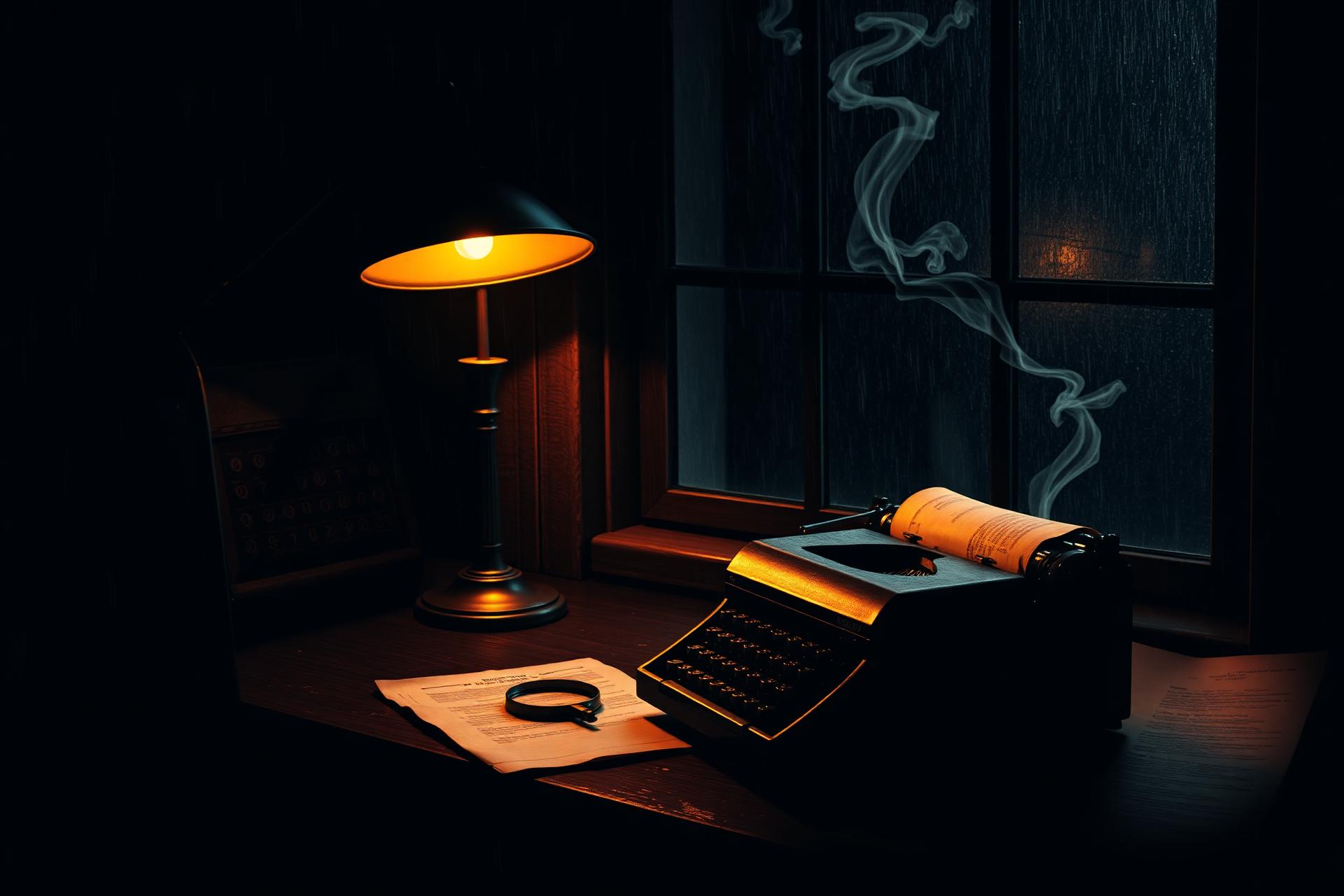 A dim detective office at night